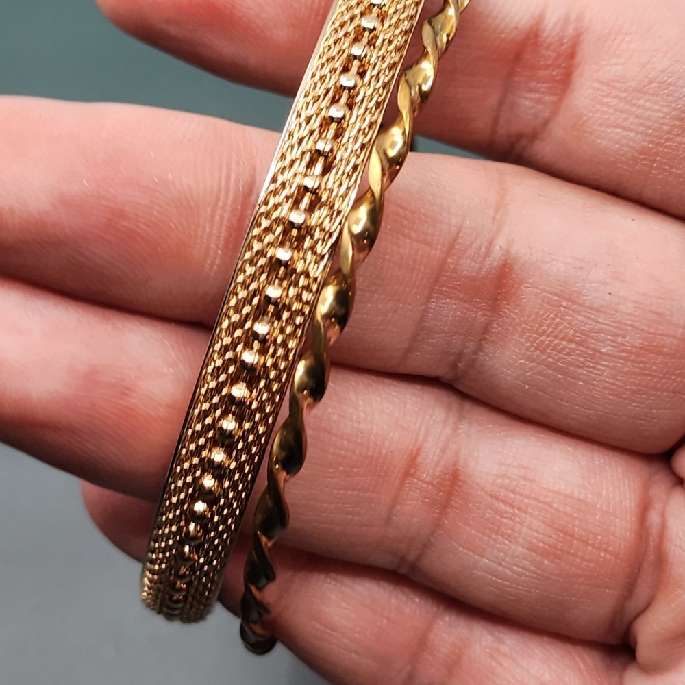 2pc Gold Tone Mesh Chain Twist Bangle Bracelet Set Textured Vintage Stackable
